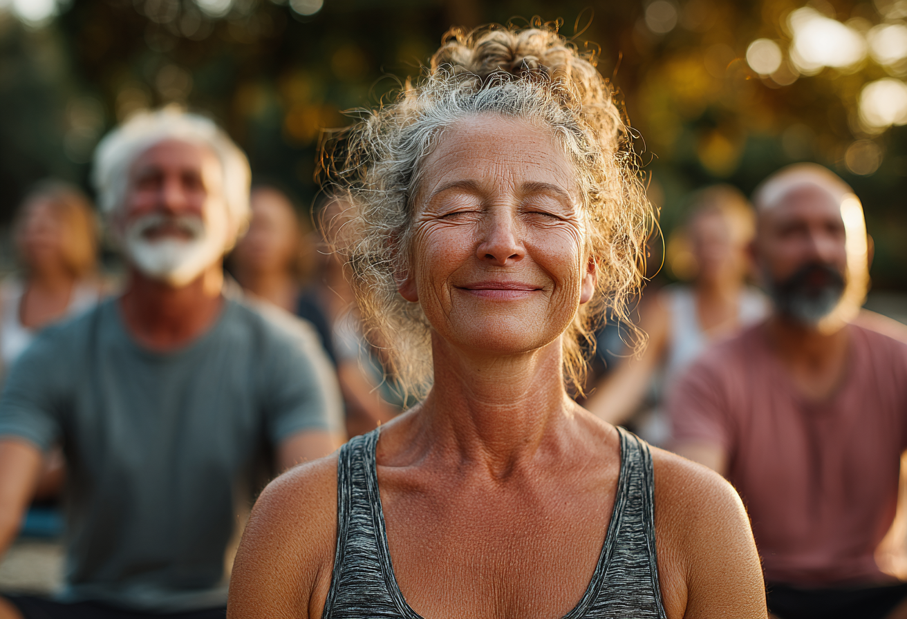 Grup de seniori practicând yoga în parc